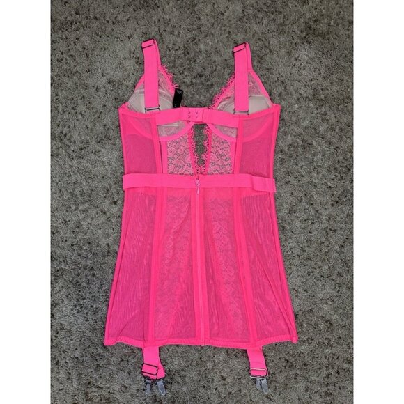 VICTORIA’S SECRET Neon Hot Pink Lace Garter Slip Corset Sexy Feminine Club 36C - Picture 2 of 7